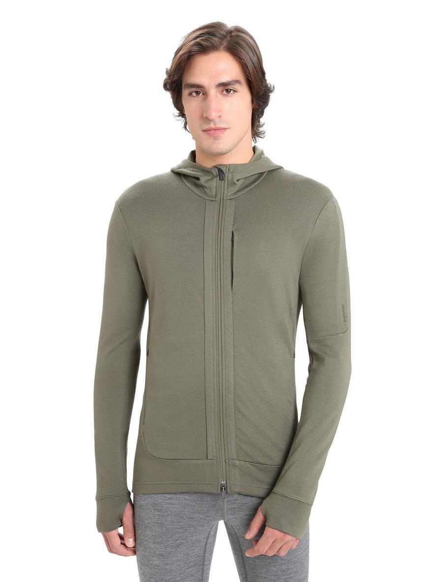 Icebreaker Merino Quantum III Long Sleeve Zip Férfi Kapucnis Pulóver Olivazöld | HU 1269XYUF